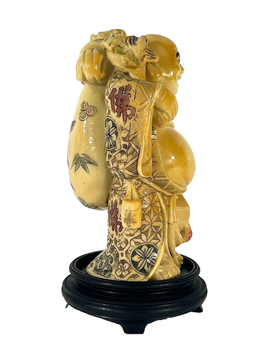 Vintage Faux Ivory Standing Laughing Buddha - Ho Tei, Budai on Carved Wood Stand