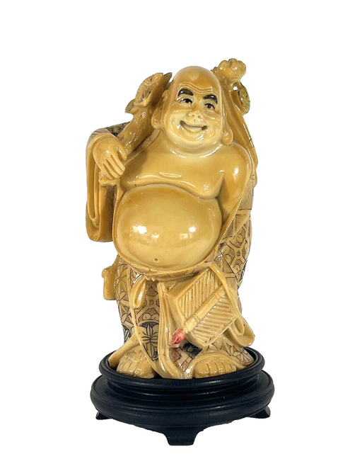 Vintage Faux Ivory Standing Laughing Buddha - Ho Tei, Budai on Carved Wood Stand