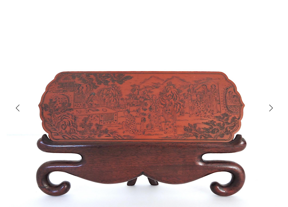 Decorative Antique Chinese Landscape & Floral Finely Etched Tablet or Plaque on Rosewood Display Stand