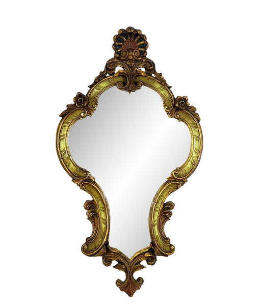 Ornate Antique Venetian Rococo Gilt Wall Mirror with Olive Green Highlights, Italy