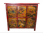 Old Sino Tibetan Hand Painted Red Storage Cabinet with Mystical Creatures, Four Doors, Late 1900's