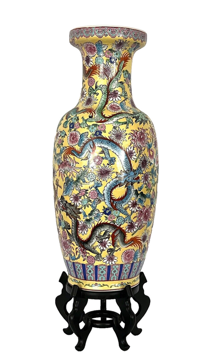 Large Famille Jaune Chinese Imperial Yellow Floor Vases With Five Clawed Dragons, A Pair