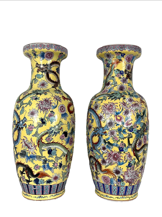 Large Famille Jaune Chinese Imperial Yellow Floor Vases With Five Clawed Dragons, A Pair