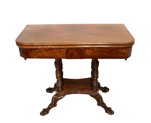 American Empire Figured Mahogany Antique Games or Console Table With Hairy Paw Feet, C 1825