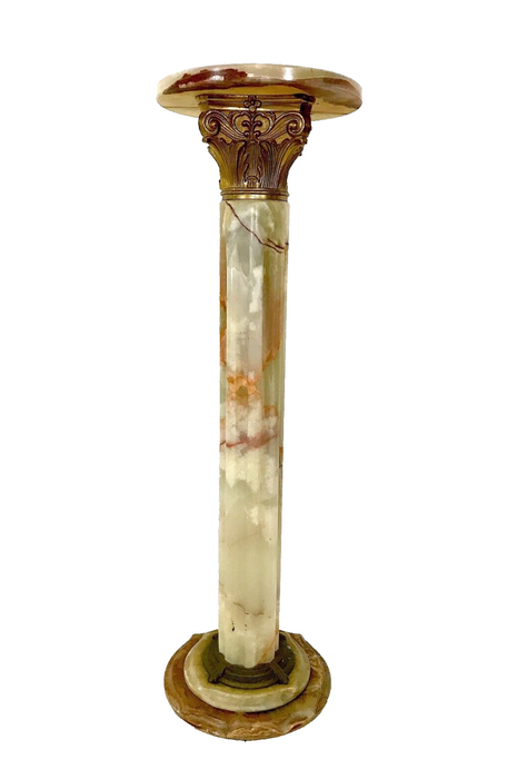 Vintage Neoclassical Variagrated Solid Onyx Gold Ormolu Column, Pedestal, Pillar or Plant Stand