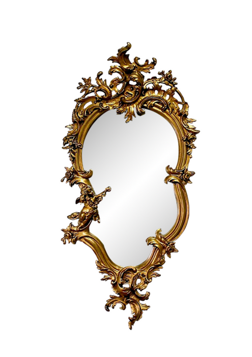 Antique 19th Century European Gilt Framed Rococo Wall Mirror With Cherubs 50"