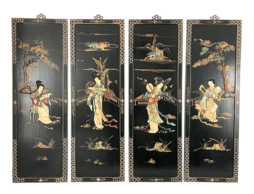 Vintage Chinese "Courtesans in the Garden" Soapstone & Jade Wall Hangings / Panels (Set of Four)
