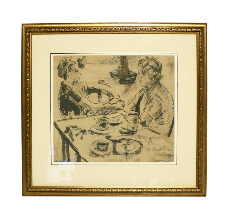 "Les Deux Amies" (The Two Friends) Signed French Woodblock Print, Giltwood Frame, Paris 1940
