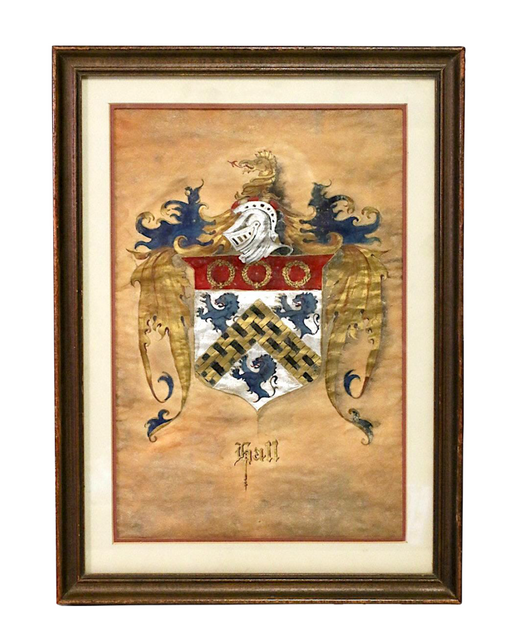 Antique "Hall" Coat of Arms / Family Crest,  Original Gouache Framed Painting on Parchment