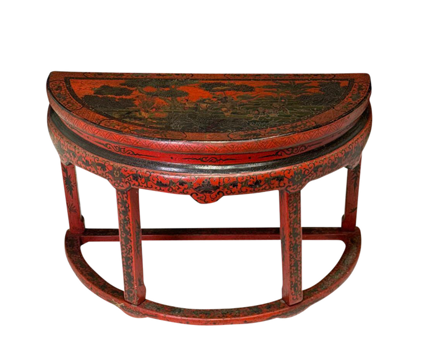 Antique Chinese Red Lacquer Demi Lune Console or LampTable, Qing Dynasty 19th Century