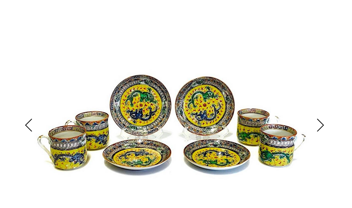 Chinese Early Republic Period Famille Jaune Demitasse Cups & Saucers With Dragons - Set of 4