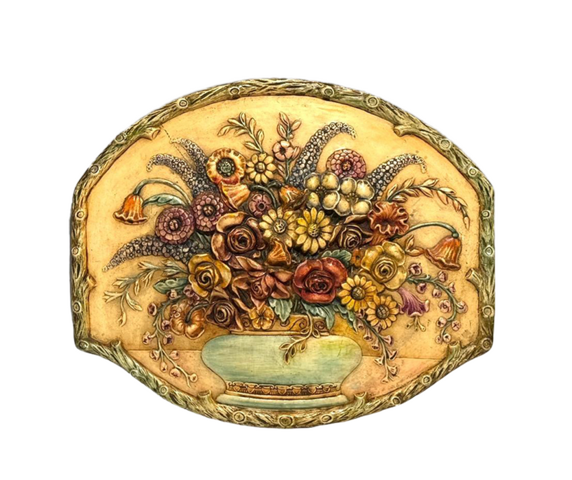 The Mediterranean Wild Flower Basket, Antique Italian Hand Made Sculptural Wall Plaque, Signed Shull