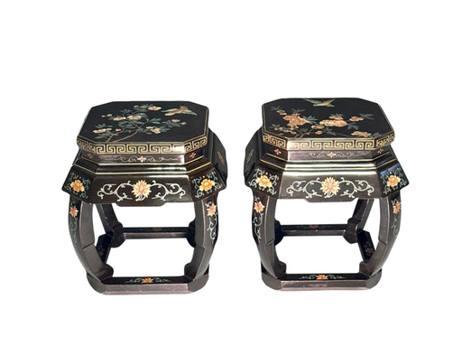 Republic Perod Chinese Jinlong Polychromed Black Lacquer Stools with Bluebirds, Side Tables, Pedestals, a Pair