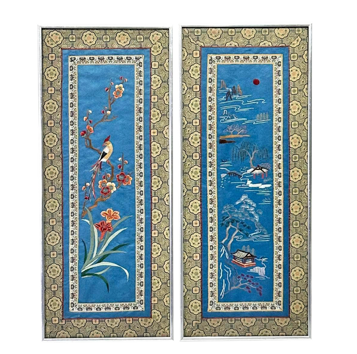 Vintage Chinese Blue Silk Embroidered Landscape & Floral Framed Wall Panels, A Pair