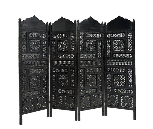 Antique Intricately Carved Openwork 4-Panel Ebony Black Oak Floor Screen with Vines, Leaves and Grapes