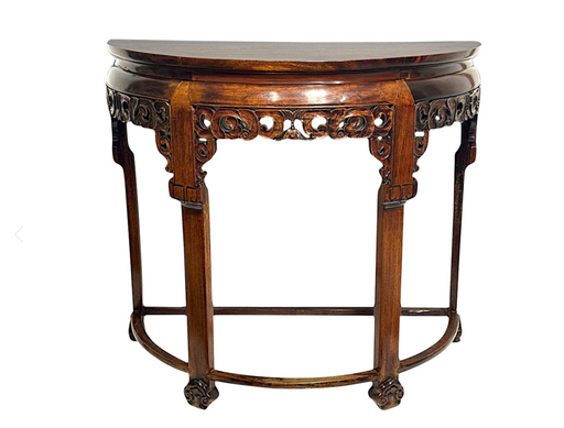 Antique Chinese Carved Rosewood Qing Dynasty Demilune Console Table With Bats, 19th Century