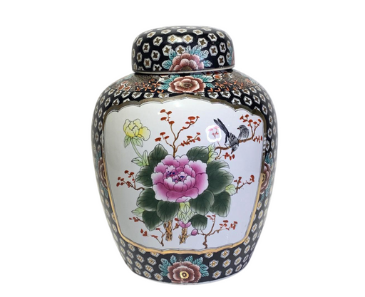 Large Vintage Chinese Porcelain Famille Noire Ginger Jar With Pink Flowers and Birds, 15"