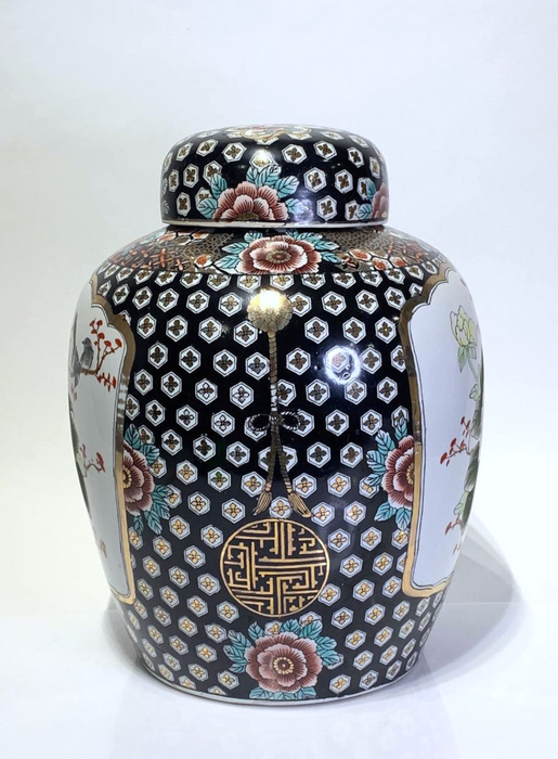 Large Vintage Chinese Porcelain Famille Noire Ginger Jar With Pink Flowers and Birds, 15"