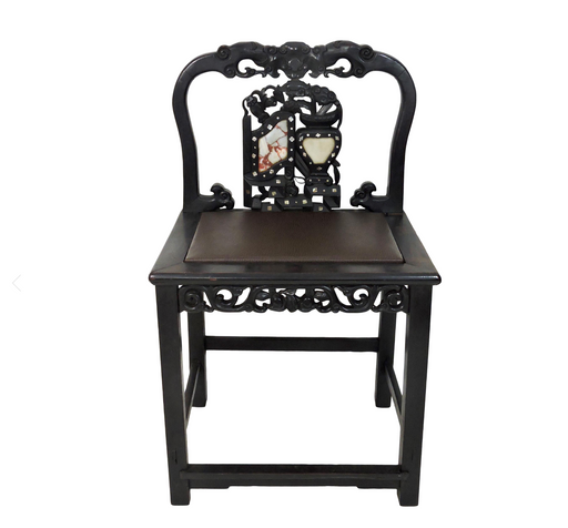 19th Century Chinese Blackwood (Hongmu), Marble & Mother of Pearl Upholstered Formal Antique Side Chair