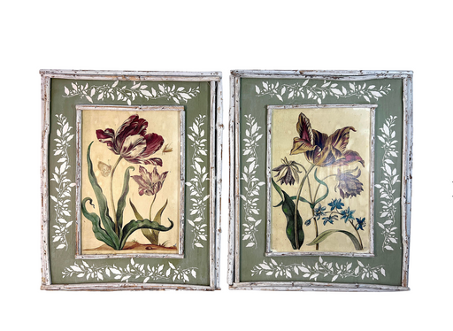 Rustic French Country Botanical Flower Pictures Framed in White Twigs , a Pair
