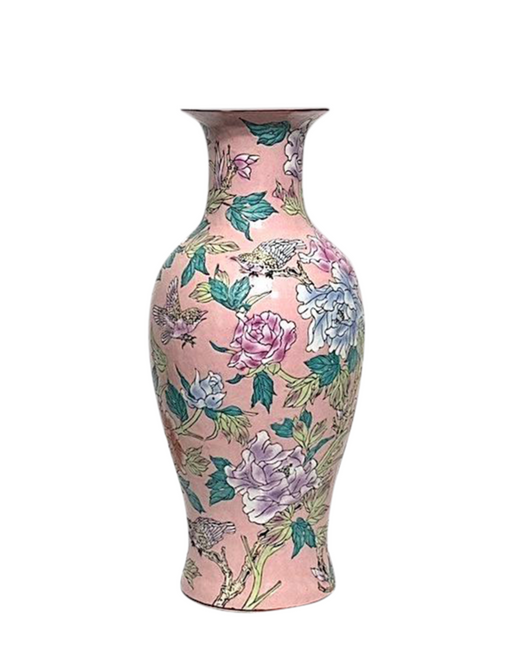 Large Scale Chinese (Macau) Floor Vase With Enamelled Birds & Flowers, Salmon Pink Background