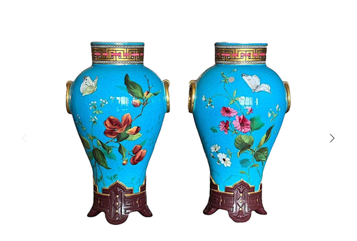 Christopher Dresser for Minton Museum Quality Aesthetic Period Blue Floral Vases, England - a Pair