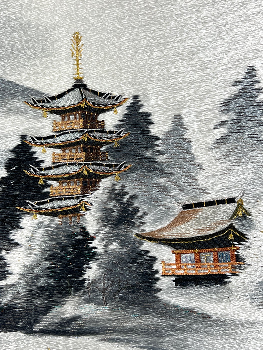 The Lakeside Pagoda & Mt. Fuji, Silver & Gold Thread Silk Embroidered Winter Landscape Picture by Shiga Embroidery Co, Japan