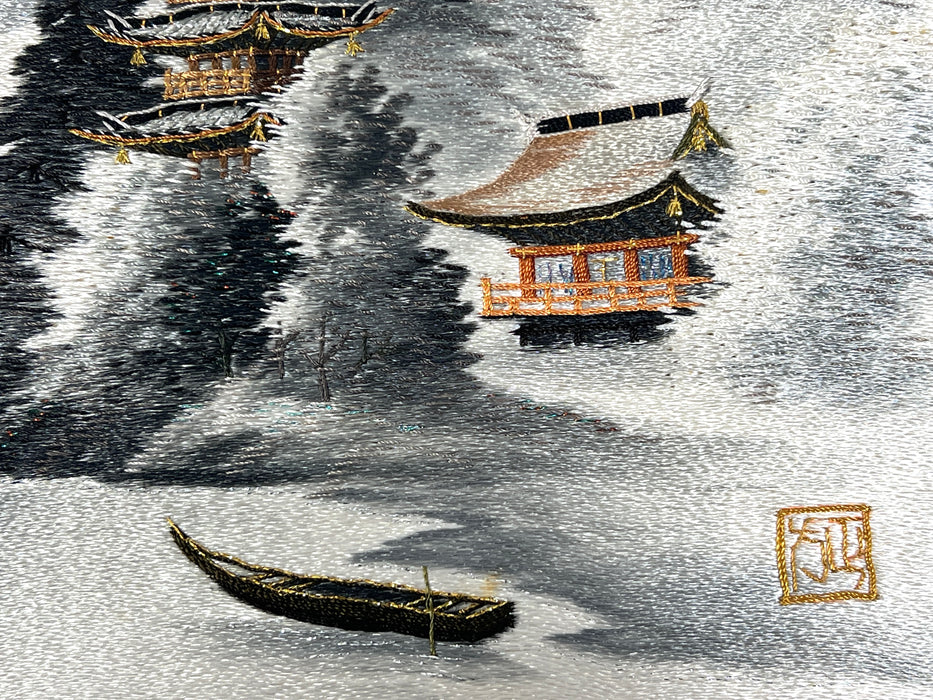 The Lakeside Pagoda & Mt. Fuji, Silver & Gold Thread Silk Embroidered Winter Landscape Picture by Shiga Embroidery Co, Japan