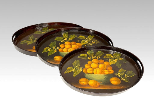 Vintage Hand Painted Graduated Chinese Lacquer Round Trays with Fruit, Set of 3