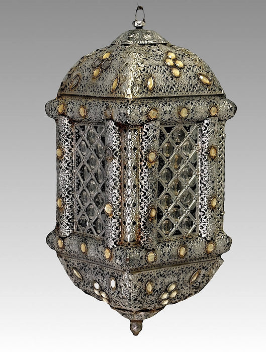 Vintage Bejeweled Moroccan Silver Hanging Lantern, Ceiling Light for Candle
