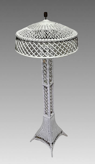 Antique White Wicker 2 Light Eiffel Tower Floor Lamp With Splayed Feet & Wicker Shade