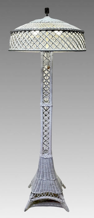 Antique White Wicker 2 Light Eiffel Tower Floor Lamp With Splayed Feet & Wicker Shade