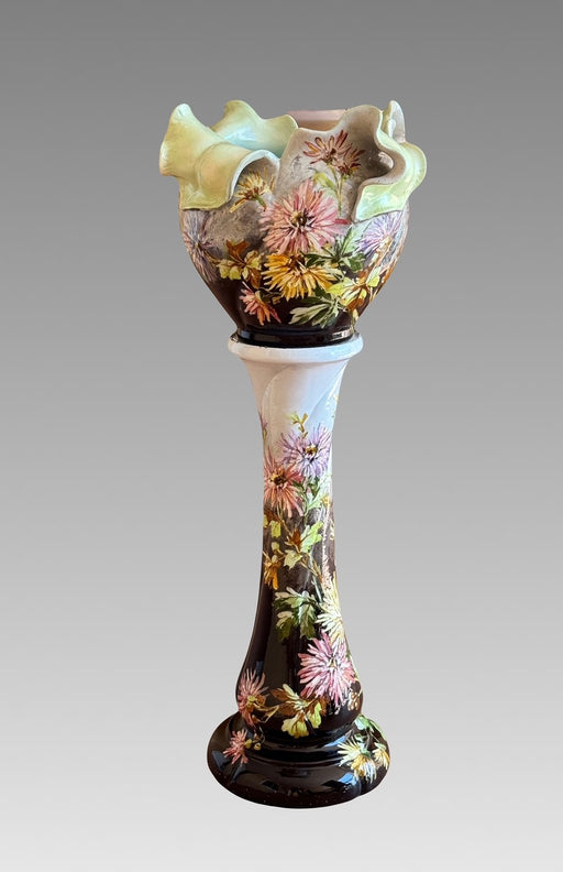 Antique Floriform Sculptural Faience Planter/Jardinier & Chrysanthemum Pedestal by Jerome Massier Vallauris