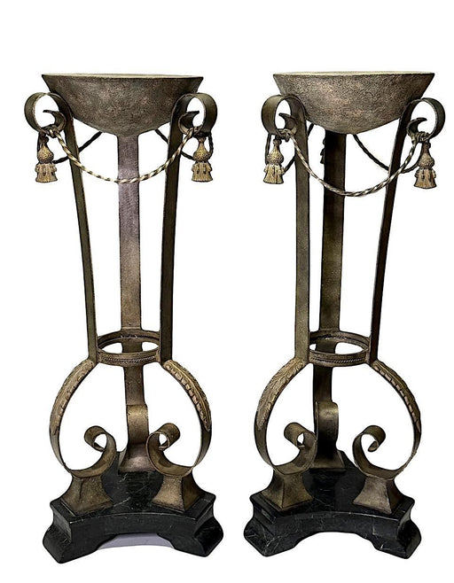 Hollywood Regency Bronzed Wrought Iron & Marble Pedestals Fern/Display Stands, a Pair