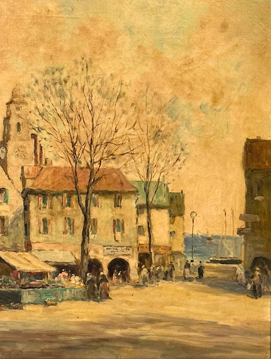 Brittany Market Place, France, Original Antique Oil on Canvas by American Listed Artist Dennis Ainsley