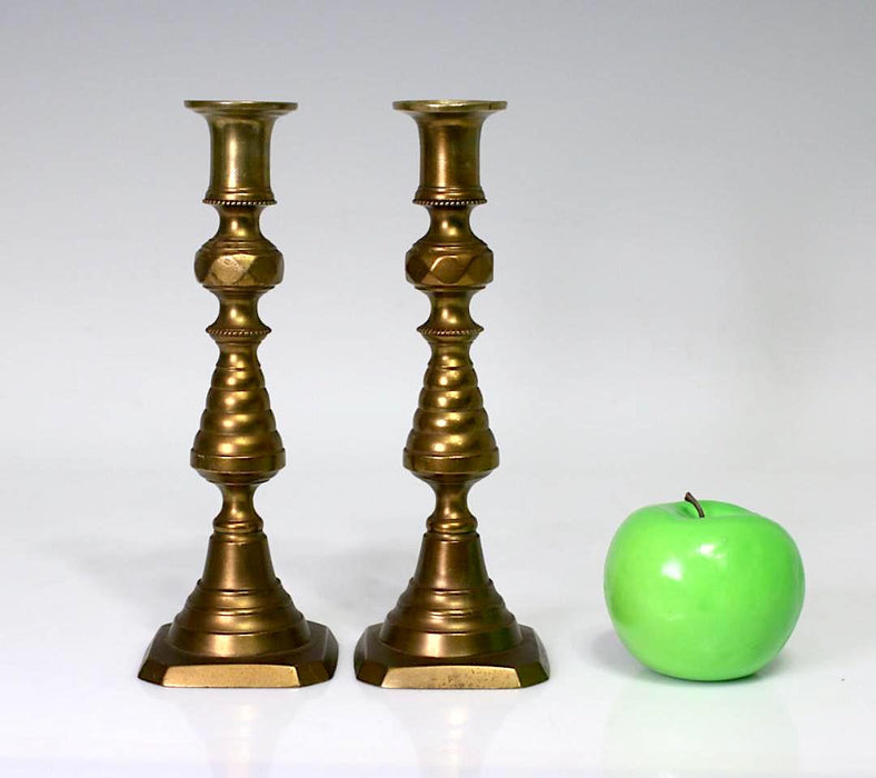 BRASS CANDLESTICKS PAIR PUSH UP BEEHIVE STYLE GREAT ANTIQUE