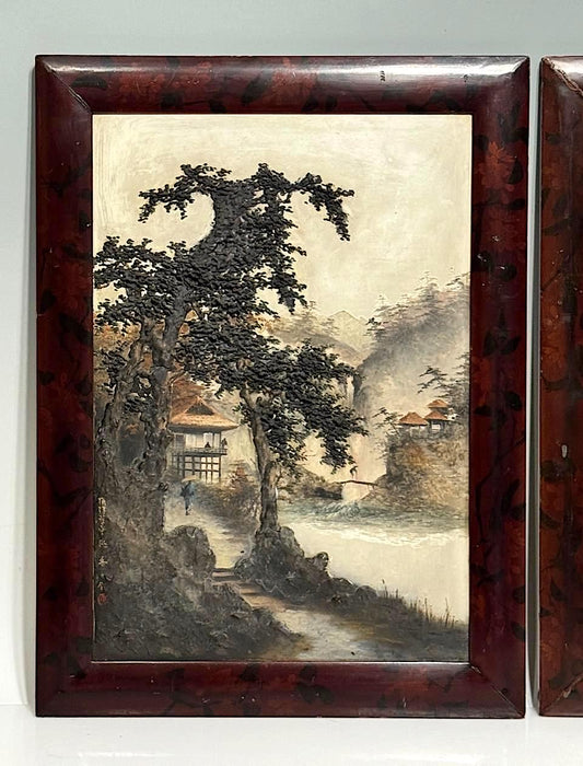 Rare Antique 19th. Century Edo Japanese Framed Lake and Landscape Signed Oil Paintings on Board, a Pair