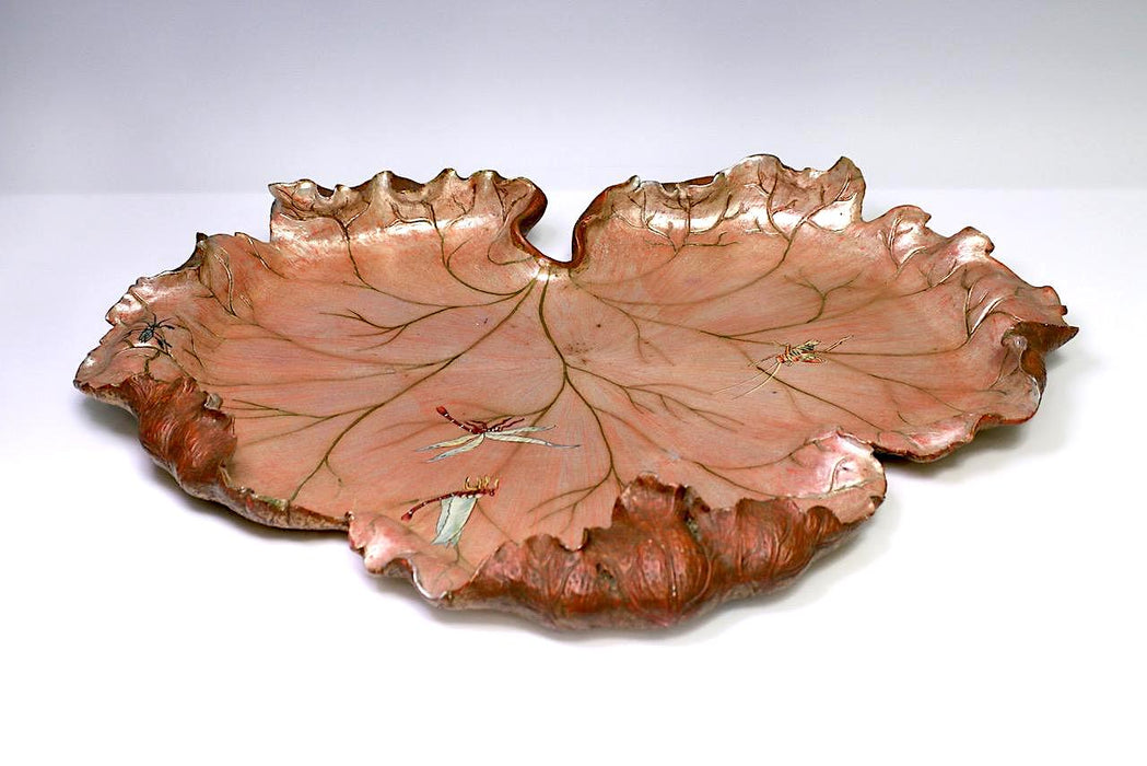 Large Italian Naturalistic Carved & Polychromed Wooden Leaf-Form Centerpiece Tray with Dragonflies and Insects