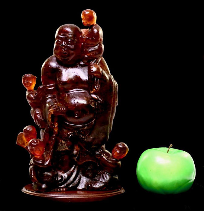 Antique Qing Dynasty Chinese Natural Amber Laughing Buddha Sculpture With Children