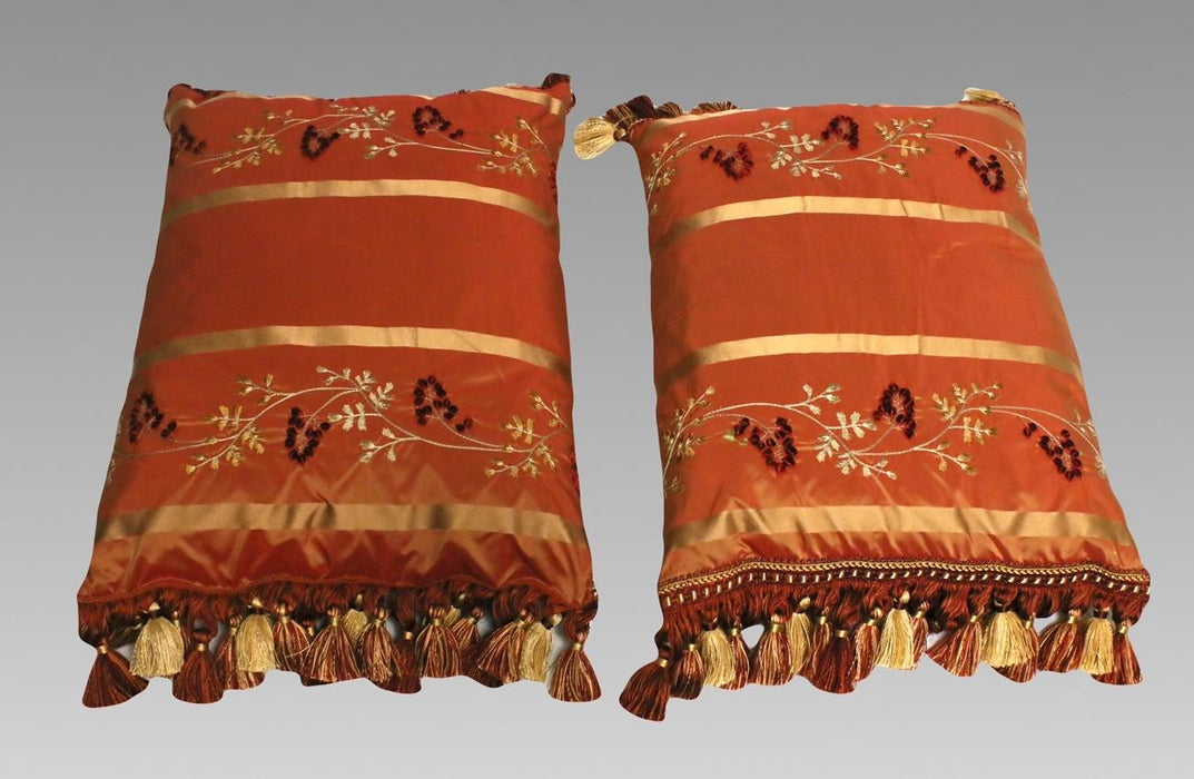 Vintage Gold, Coral & Orange Silk Embroidered Chinese / Chinoiserie Tasseled Throw Pillows