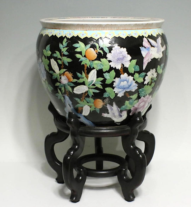 Large Vintage Chinese Famille Noire Black "Fish Bowl" Porcelain Planter with Wood Stand, Jingdezhen Hallmark