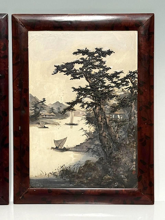 Rare Antique 19th. Century Edo Japanese Framed Lake and Landscape Signed Oil Paintings on Board, a Pair