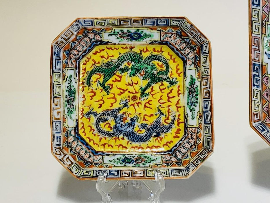 Antique Chinese Famille Jaune Graduated Square Serving Trays (Plates) With Dragons, Early Republic Period