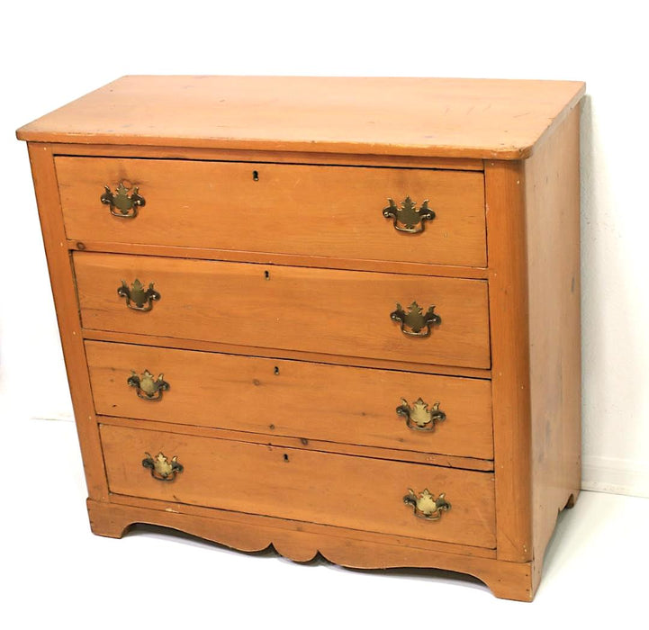 Early American Antique Heart Pine Chest of Drawers, Four Drawers with Brass Pulls