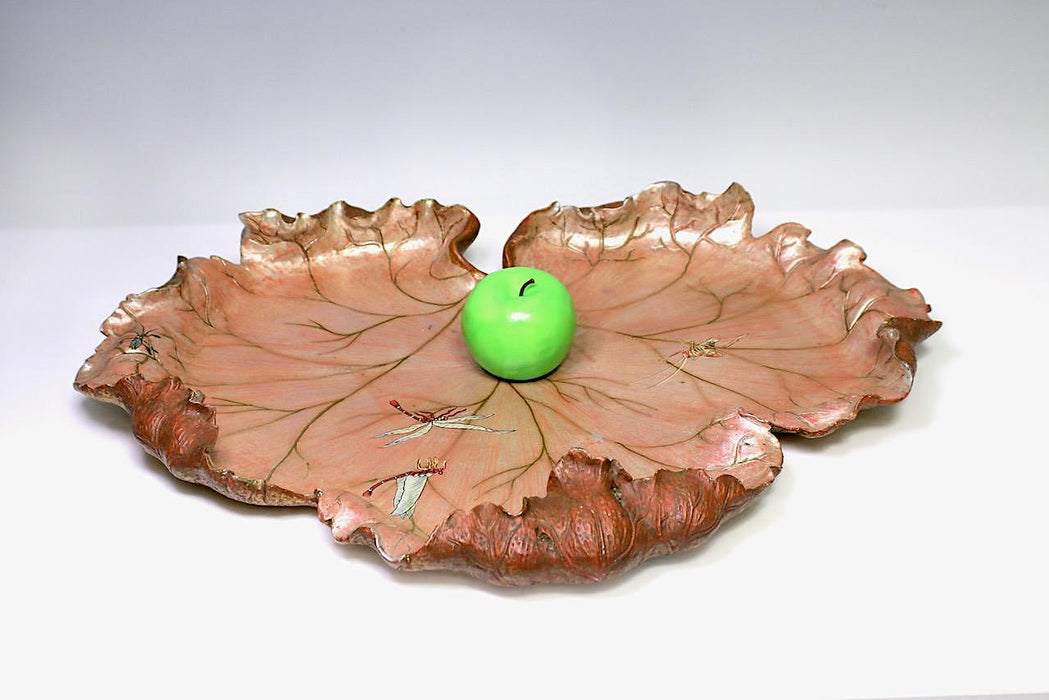 Large Italian Naturalistic Carved & Polychromed Wooden Leaf-Form Centerpiece Tray with Dragonflies and Insects