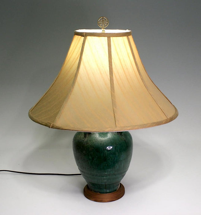 Antique Shiwan Martaban Jar Table Lamp with Green Flambe Glaze & Gold Silk Shade