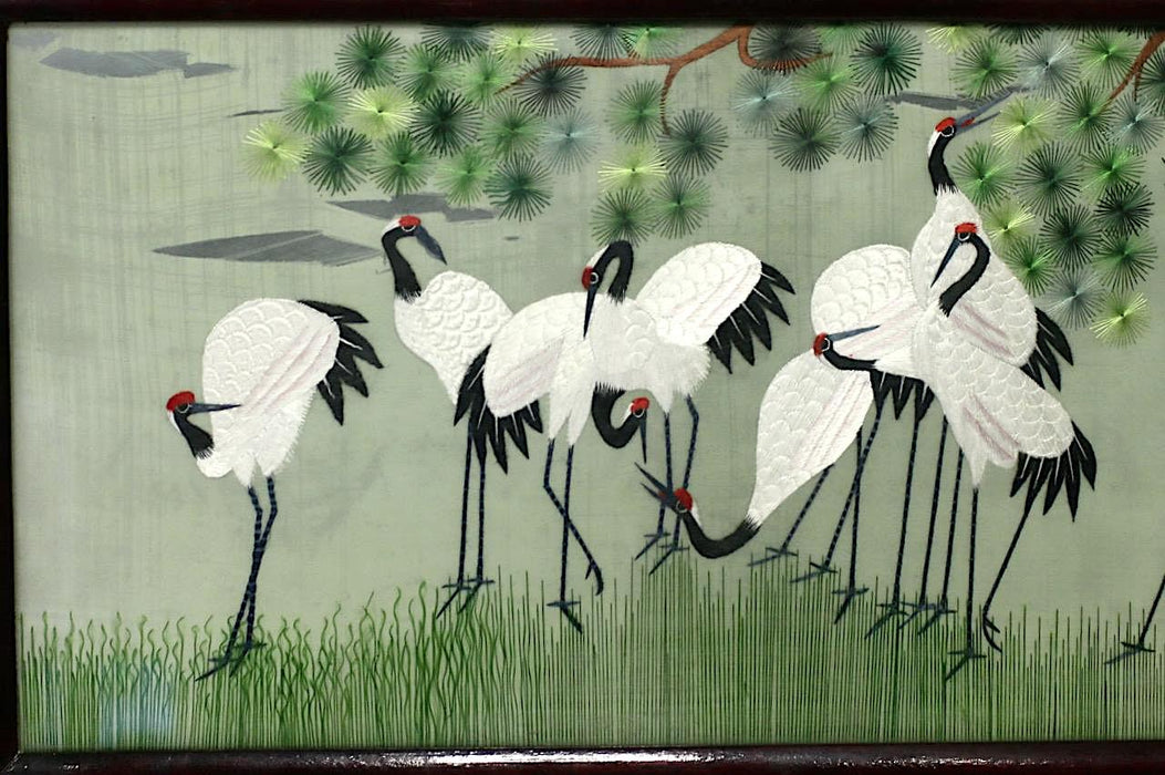 Red Crowned Cranes Under a Pine Trees, Rotating Chinese Republic Framed Silk Embroidery