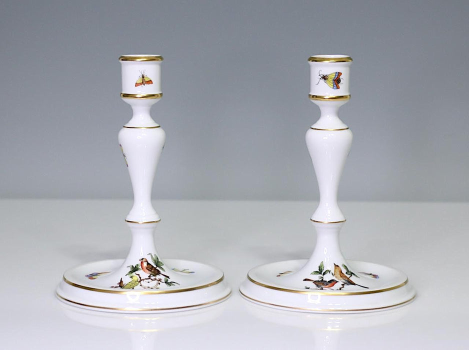 Herend Rothschild Hand Painted White Porcelain Candlesticks With Garden Birds and Butterflies, a Pair