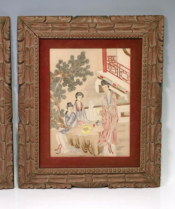 Vintage Chinoiserie Collotype Framed Prints Ladies Gathering in the Garden, A Pair