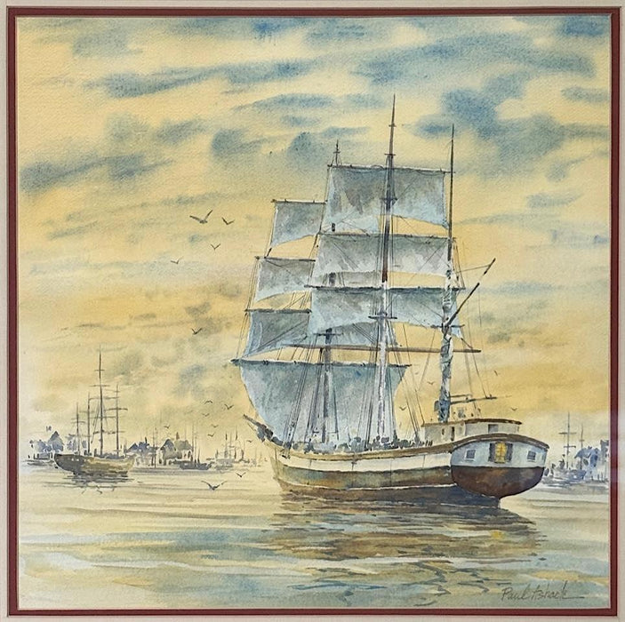 Original Watercolor Schooner Under Sail Leaving Harbour, Paul Ashack Chicago Artist